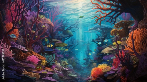 surreal underwater scene with vibrant, coral-like trees swaying gently in the ocean's currents, their branches teeming with colorful marine life.