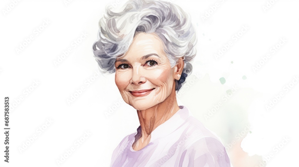 watercolor portrait of cheerful senior lady,isolated on white background