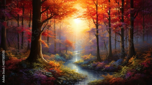 the resplendence of a sunrise over a forest, with the first light kissing the leaves of a colorful tree, transforming them into a radiant spectacle of warm and inviting colors.