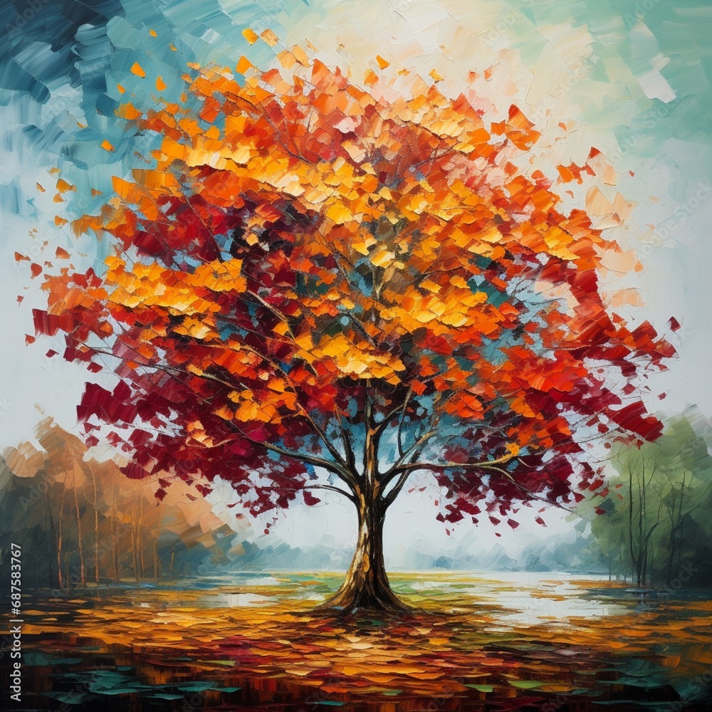 the vibrant essence of autumn with a colorful tree adorned in brilliant shades of scarlet, saffron, and emerald, as if a painting brought to life - Image #3 @asad khan