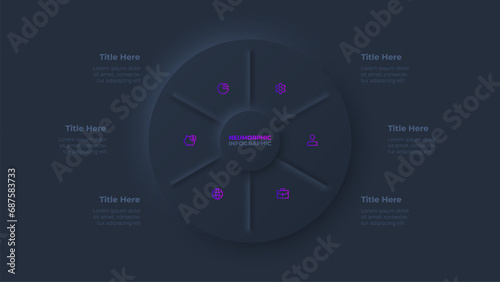 Circle diagram divided into 6 sectors. Design concept of six steps or parts of business cycle. Dark neumorphic infographic design template photo