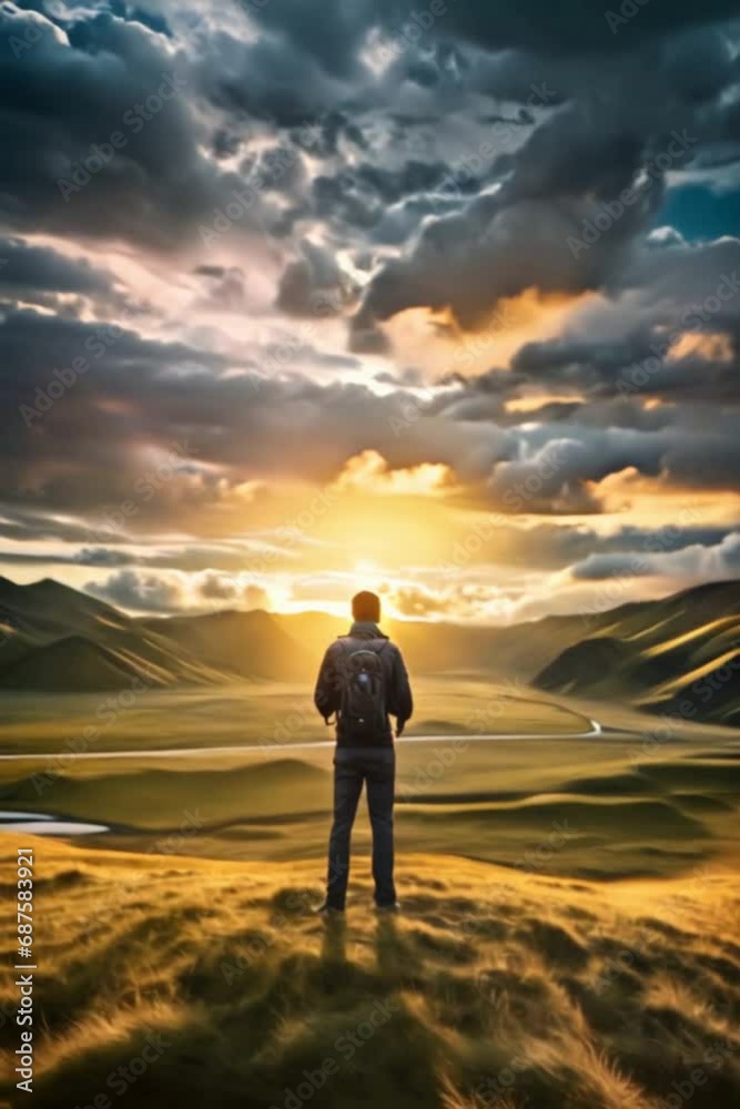 The male backpacker enjoying the scenic view on top of the peak. Sunset, cloudscape, beautiful view The male backpacker enjoying the scenic view on top of the peak. Sunset, cloudscape, beautiful view