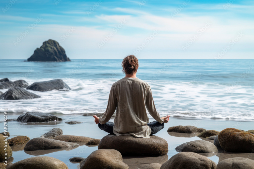 Person meditating on a rocky beach with ocean and islet in background. Person meditating on a rocky beach with ocean and islet in background.