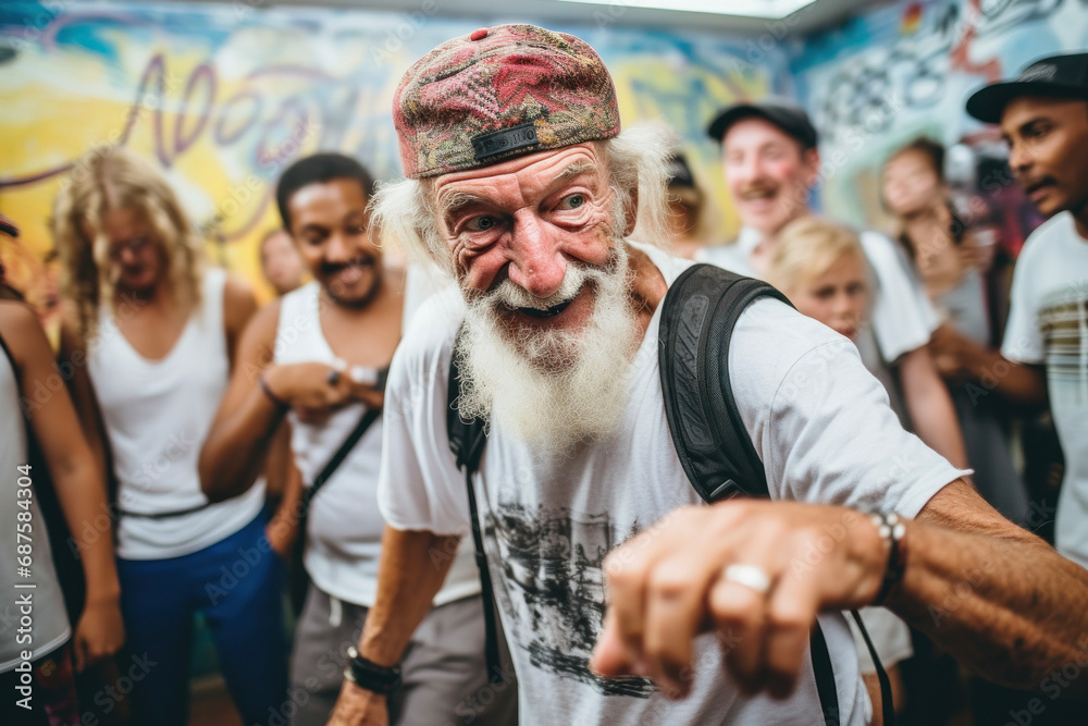 Fototapeta premium Joyful elderly man dancing, hip hop style, intergenerational fun, active seniors, dance class excitement