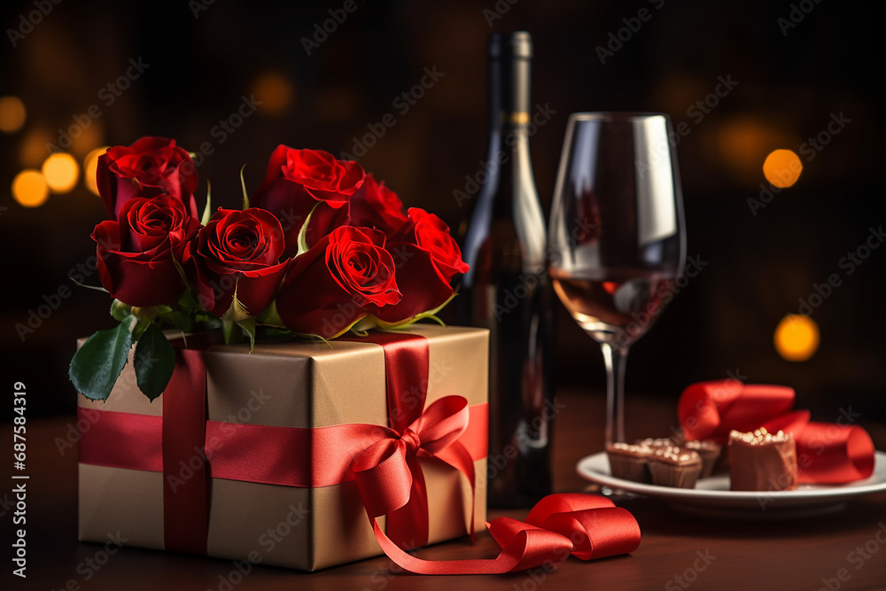 Romantic concept. Two glasses of vine with rose petals with bokeh background.Valentine's day banner Romantic concept. Two glasses of vine with rose petals with bokeh background.Valentine's day banner