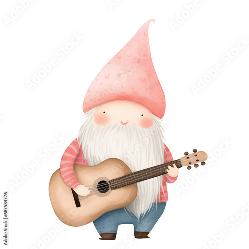 valentine watercolor illustration with pink gnome singing a love song. photo