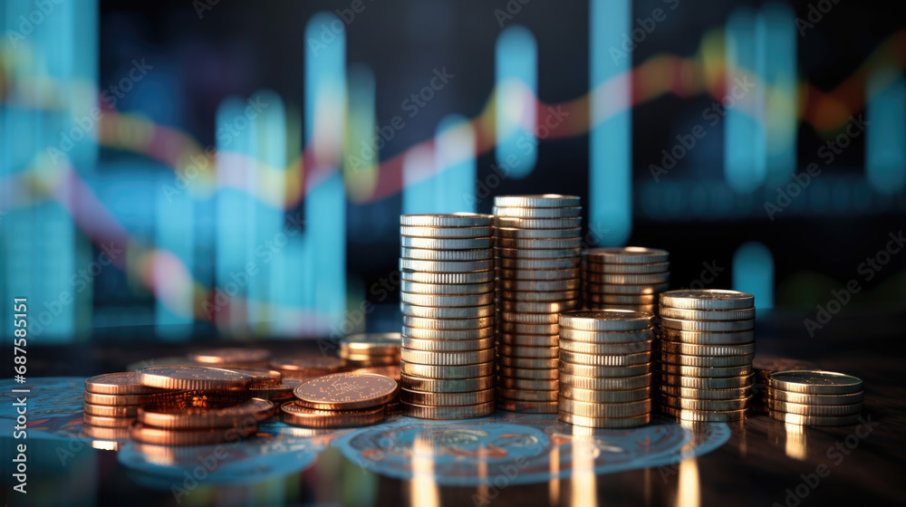 Financial growth with stacks of coins in the foreground and a blurred graph indicating stock market trends in the background. Financial growth with stacks of coins in the foreground and a blurred graph indicating stock market trends in the background.