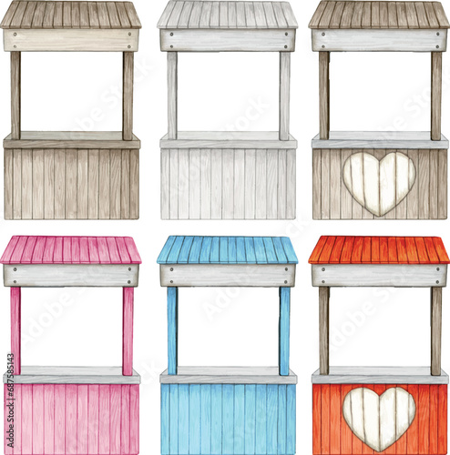 Watercolor hand drawn wooden market stall