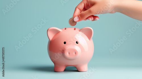 Hand inserting a coin into a pink piggy bank, symbolizing personal savings and financial planning.