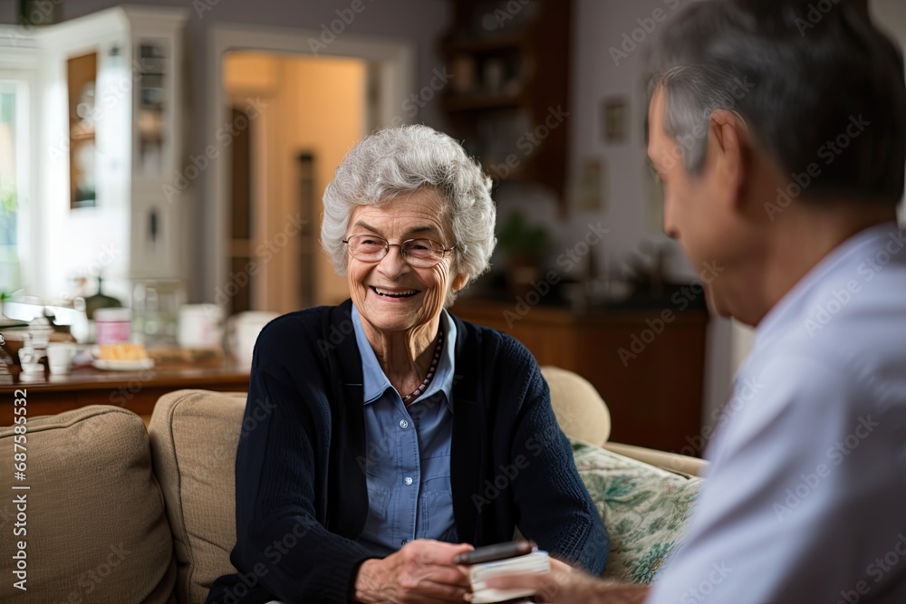 Caring for an elderly woman, son supports and talks to his elderly mother. - obrazy, fototapety, plakaty 