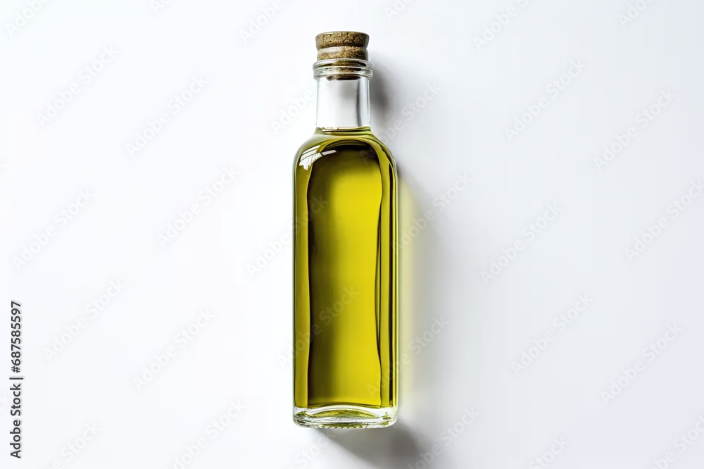 Glass bottle with olive oil on a white background and free space for text