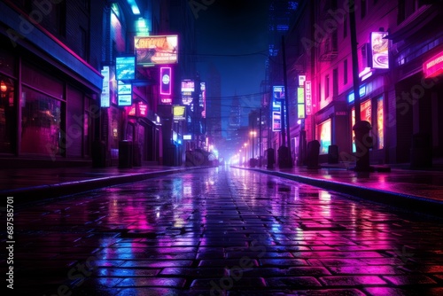 Night city  empty city streets after sunset in neon purple color