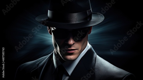 Dark silhouette of a man wearing a suit, hat and glasses at night on a criminal style street. A movie character, detective or spy. Illustration for cover, card, interior design, brochure, presentation