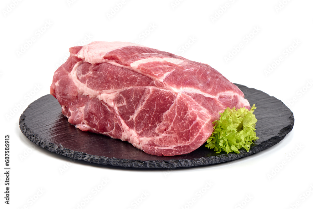 Raw pork neck, collar, Boston butt, shoulder, isolated on white background. Raw pork neck, collar, Boston butt, shoulder, isolated on white background.