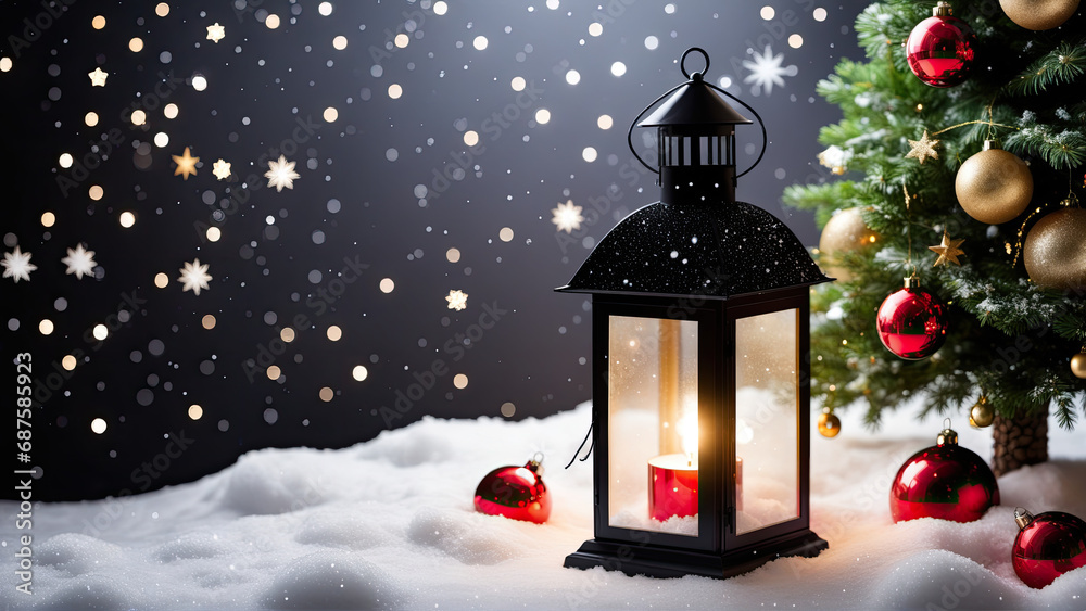 Christmas Tree and Lantern Illuminated in Snowy Winter Landscape Christmas Tree and Lantern Illuminated in Snowy Winter Landscape