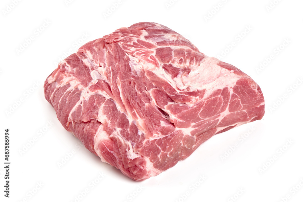 Raw pork neck, collar, Boston butt, shoulder, isolated on white background.