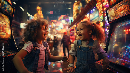 Kids Playing Arcade Games in Retro Outfits: Capture children playing classic arcade games colorful 80s fashion, showcasing the arcade culture of the era photo