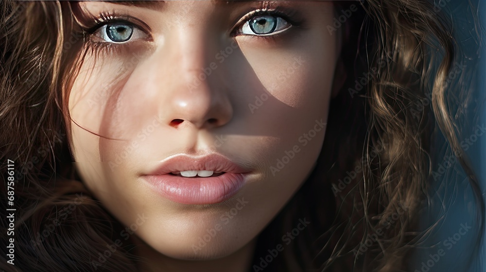 Naturalistic portrait of a young brunette girl sunlit close-up. The concept of natural female beauty. Illustration for cover, card, postcard, interior design, banner, poster, brochure or presentation.