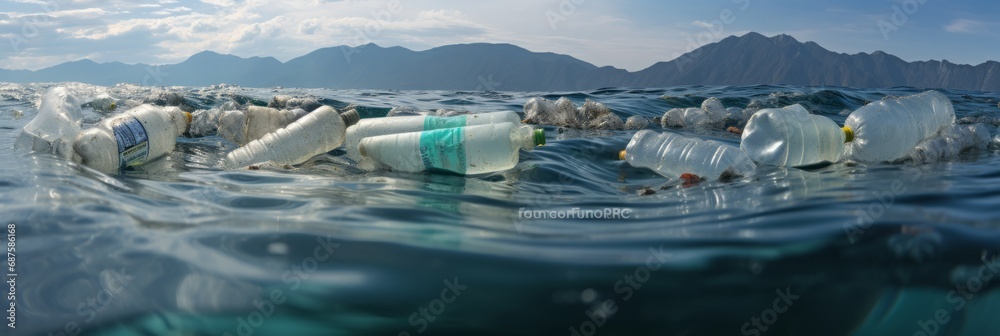 Plastic pollution in the world's oceans, various bottles and bags in the ocean, plastic trash, banner