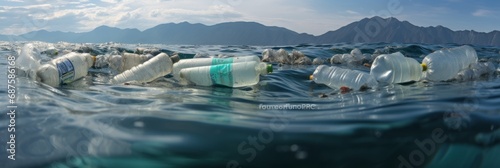 Plastic pollution in the world s oceans  various bottles and bags in the ocean  plastic trash  banner
