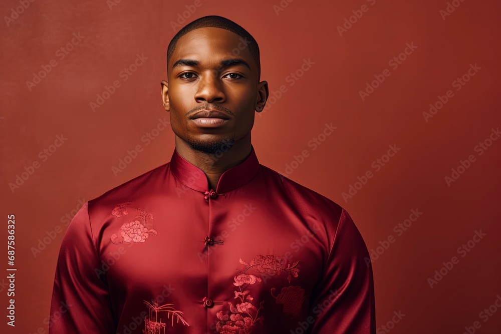 Young African beauty man wearing cheongsam, one color background, copy space. generative ai Young African beauty man wearing cheongsam, one color background, copy space. generative ai