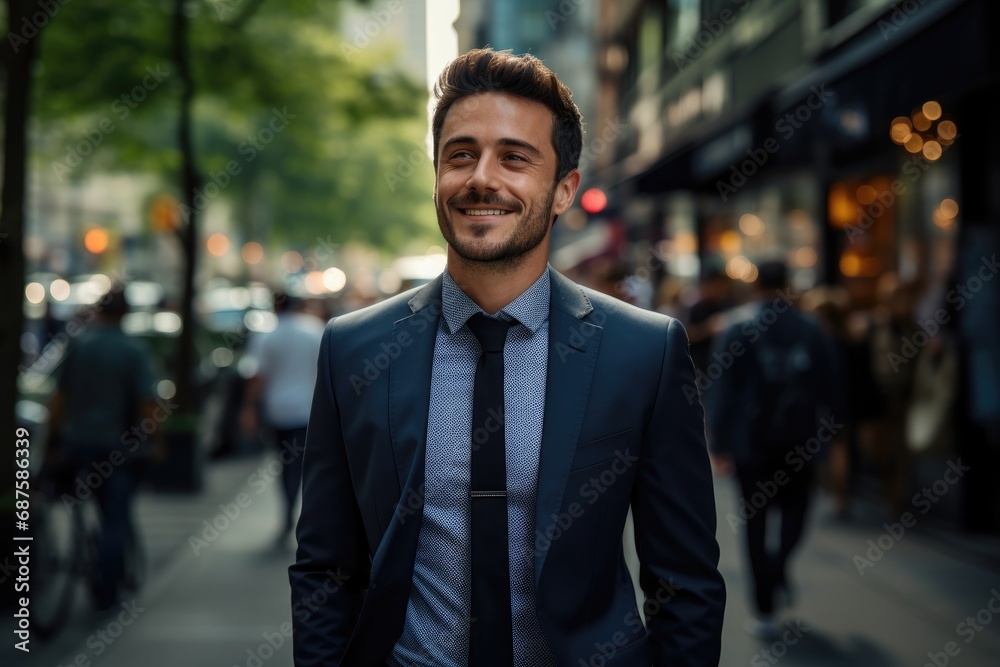 Portrait of a young businessman happy smile standing in a city street.