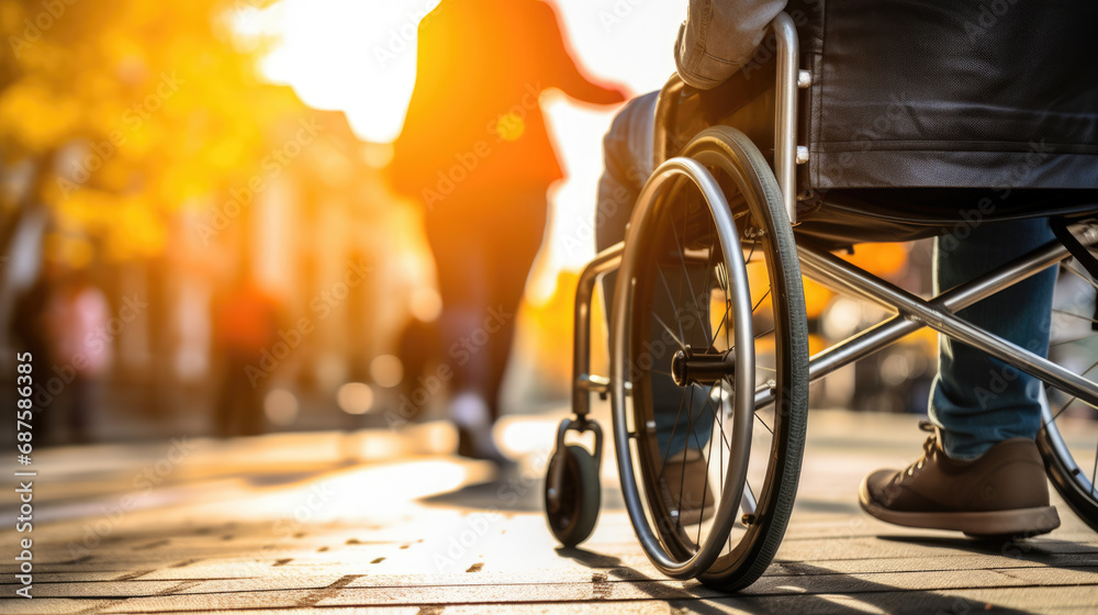 Person in a manual wheelchair waiting at a public transport stop, highlighting urban accessibility and the integration of disability-friendly features in public transportation. - obrazy, fototapety, plakaty 