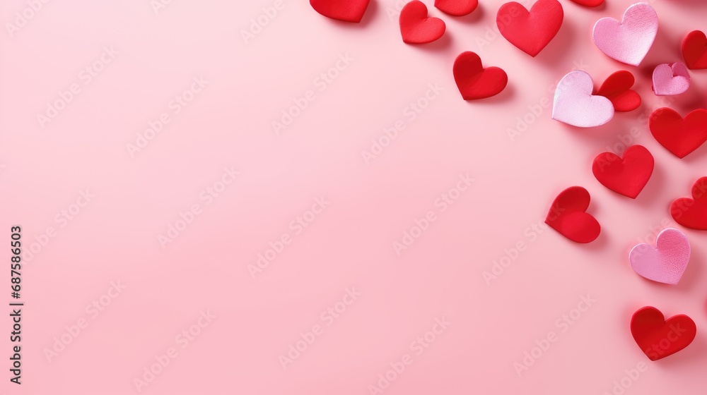 Valentine's Day background illustration with paper cut style red and pink heart on pink background.