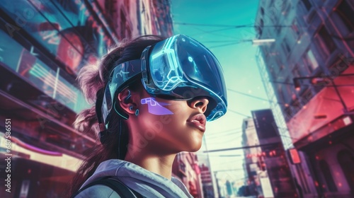Young woman wearing a VR headset is amazed by the surreal world and virtual reality on the streets of a neon cyberpunk city.