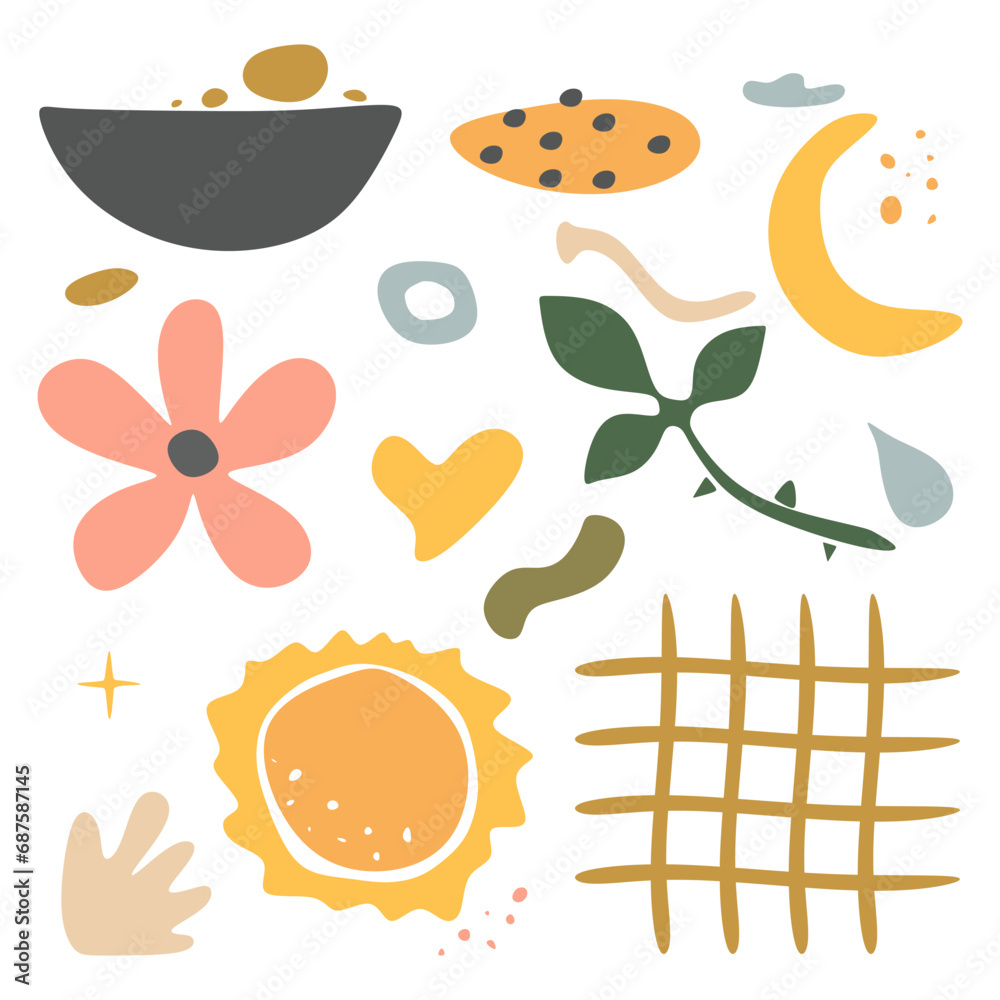 Set of colorful hand drawn various abstract organic shapes, flower, leaves, sun, drops, dots, cloud, moon. Vector minimalist trendy objects, forms in doodle style isolated. Vector illustration
