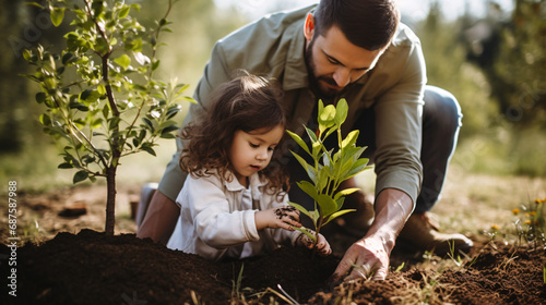Father and daughter planting a tree in the garden. Gardening concept.