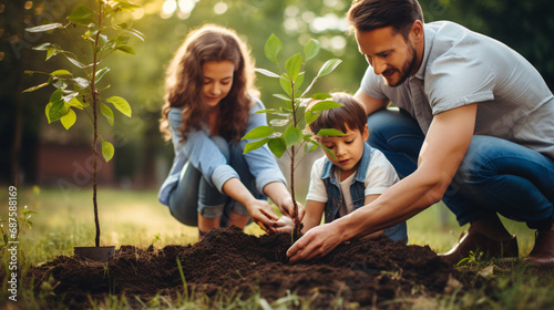 Young family planting tree in the garden. Father, mother and son are planting a tree.