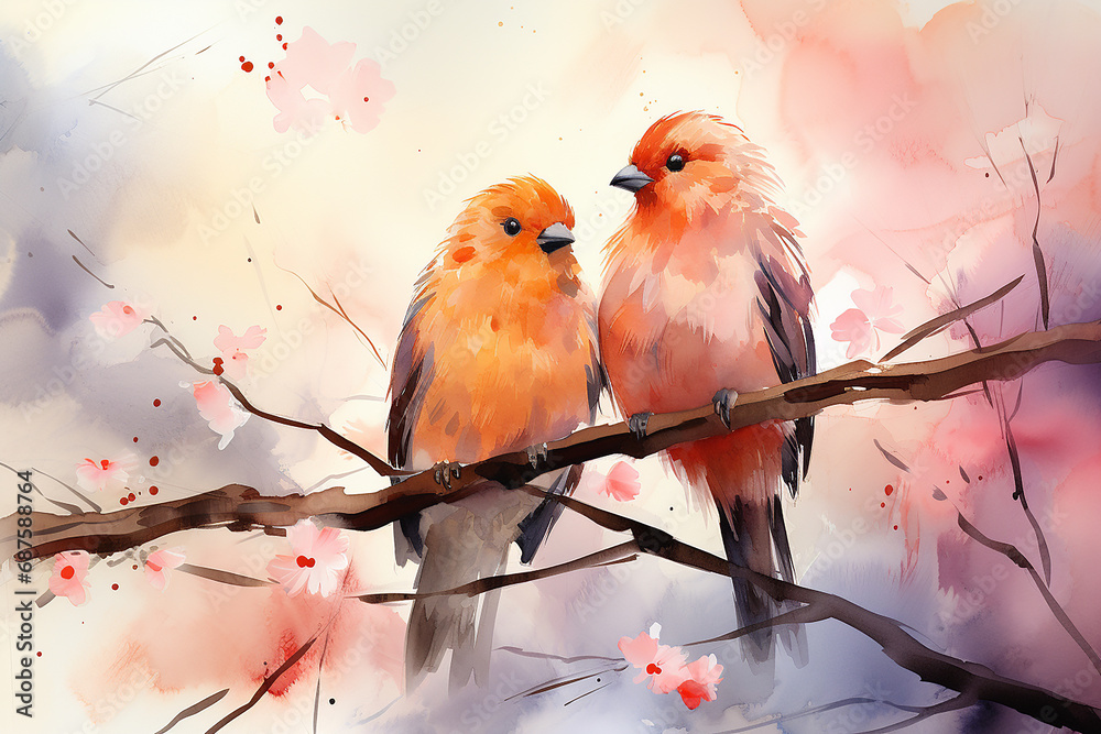 Vivid watercolor: Love birds in artistic embrace. Romantic masterpiece for diverse creative projects. Avian elegance in every stroke. Ai generated.