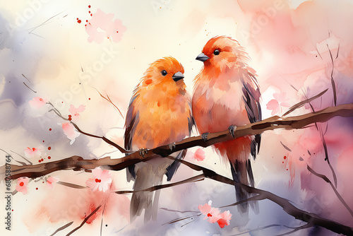 Vivid watercolor: Love birds in artistic embrace. Romantic masterpiece for diverse creative projects. Avian elegance in every stroke. Ai generated. © SandanikaNipuni