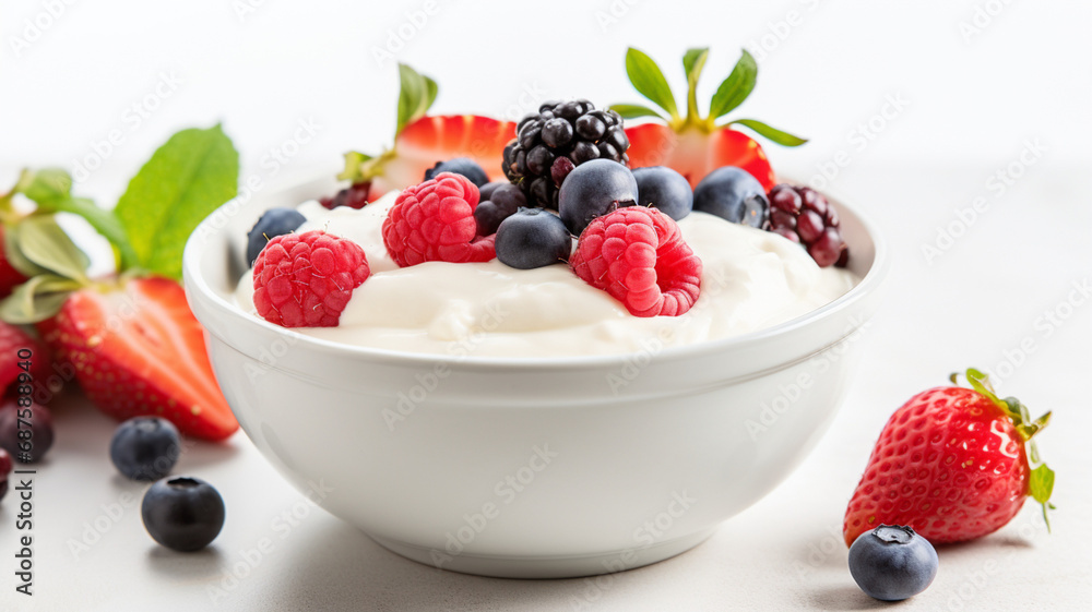 Bowl of creamy yogurt topped with fresh berries on a white surface Bowl of creamy yogurt topped with fresh berries on a white surface