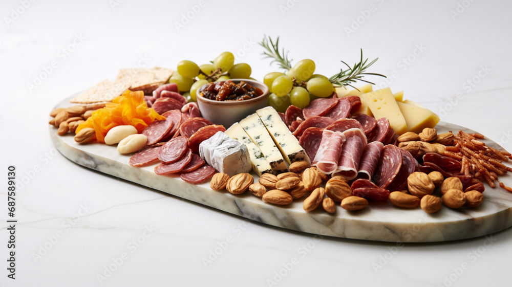Charcuterie board filled with meats, cheeses, and nuts on a white serving tray a white background Charcuterie board filled with meats, cheeses, and nuts on a white serving tray a white background