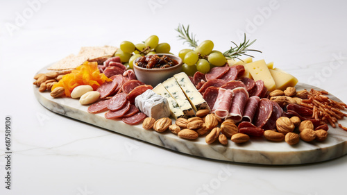 Charcuterie board filled with meats, cheeses, and nuts on a white serving tray a white background