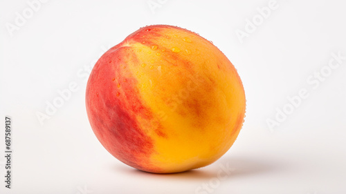 Close-up shot of a juicy, ripe peach on a white surface