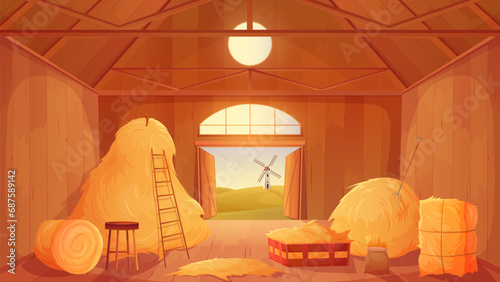 Farm barn interior with hay pile, straw and haystacks inside vector illustration. Cartoon indoor view of old wooden ranch house, hayloft with open gate to countryside fields and windmill, tools