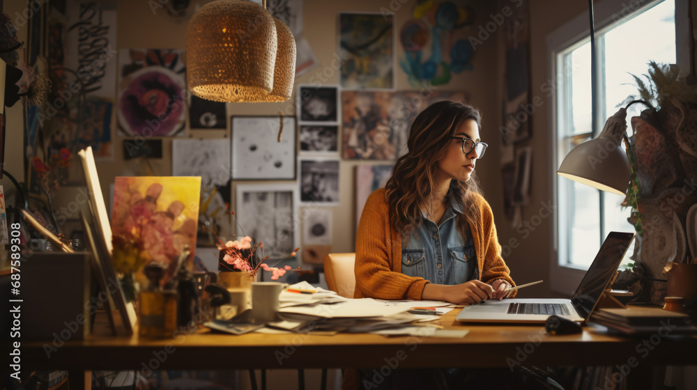 Portrait of young female fashion designer working at her desk in her studio