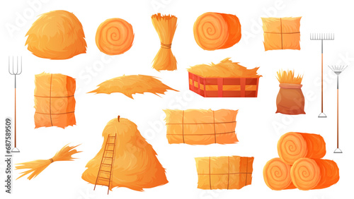 Hay bales and haystacks set vector illustration. Cartoon isolated wheat straw and dried grass pile from farm field, gold silo rolls and square wooden crate, ladder to the hayloft and pitchforks