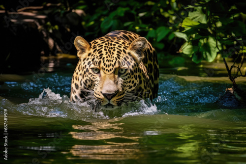 A jaguar splashing in the water.