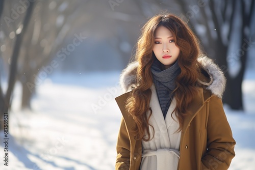 Portrait of a beautiful young woman with long curly hair, in a coat in winter forest. Beauty, fashion.