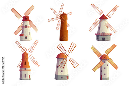 Old windmills set vector illustration. Cartoon isolated vintage farm stone and wooden tower mills to grind wheat flour with wind, collection of different Dutch farm buildings with fans for grinding