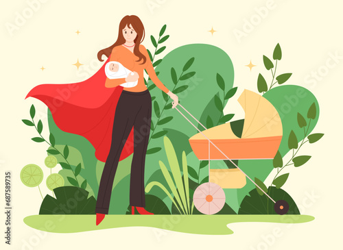 Superhero mom vector illustration. Cartoon strong young woman wearing red cape of superwoman, busy mother holding newborn baby and pushing stroller, pose of best supermom with proud and confidence