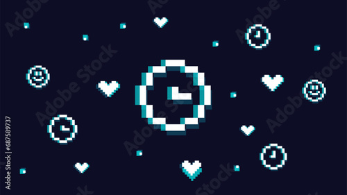 Game timer vector illustration. Ticking clock, hearts in pixel style with glitch effects for online gaming, arcades. Background for website, stream in retro style. Waiting for your turn. Time is up.