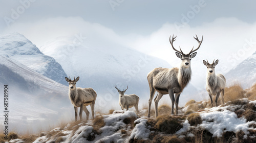 A group of deer is standing on a snow covered mountain.