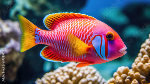 An image of a brightly colored tropical fish swimming among corals.
