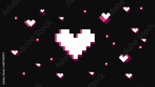 Game life vector illustration. Simple hearts in pixel style with glitch effects for online gaming, arcades. Template background for website, poster or stream in retro style.