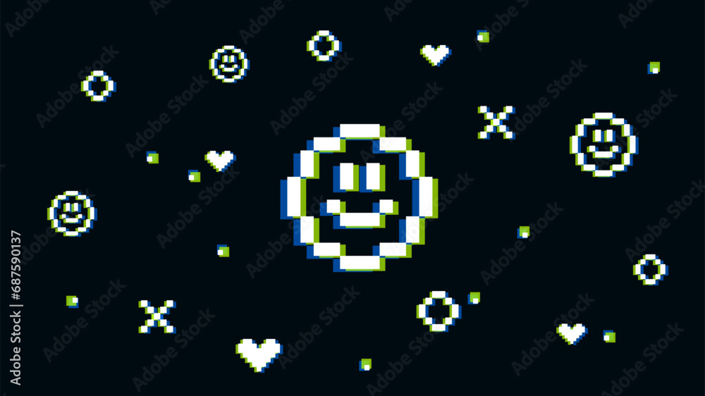 Positive experience vector illustration. Happy face, hearts in pixel style with glitch effects for online gaming, arcades. Background for website for stream in retro style. You win, winner. Positive experience vector illustration. Happy face, hearts in pixel style with glitch effects for online gaming, arcades. Background for website for stream in retro style. You win, winner.